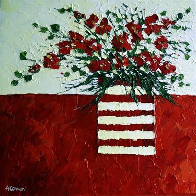 Red Blossom in Striped Vase