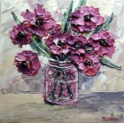 Anemones in Glass Jar by Alison Cowan, Painting, Acrylic on canvas