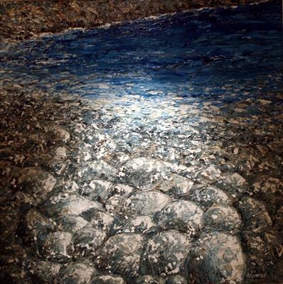 As Deep Blue Sea meets Rocky Shore by Alison Cowan, Painting, Acrylic on canvas