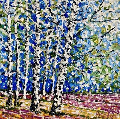 Birch on Blue by Alison Cowan, Painting, Acrylic on canvas