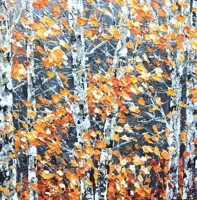 Birch with Amber Leaves by Alison Cowan, Painting, Acrylic on canvas