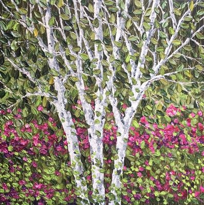 Birch with Raspberry Foliage by Alison Cowan, Painting, Acrylic on canvas