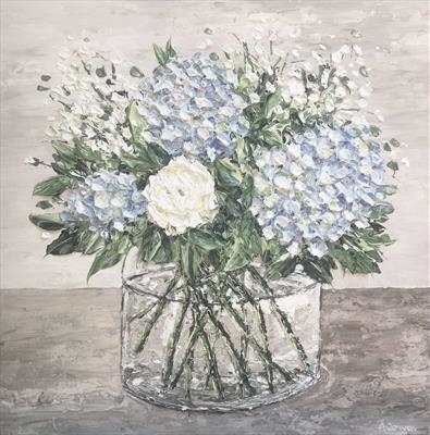 Blue Hydrangeas with Rose by Alison Cowan, Painting, Acrylic on canvas