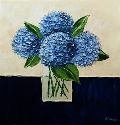 Blue Hydrangeas with Spiky Stems by Alison Cowan, Painting, Acrylic on canvas