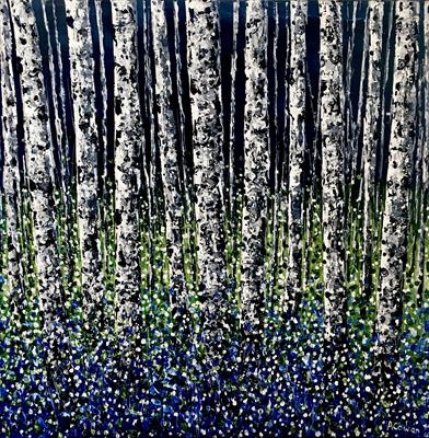 Bluebell Carpet with Birch by Alison Cowan, Painting, Acrylic on canvas