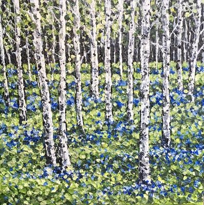 Bluebells and Birch by Alison Cowan, Painting, Acrylic on canvas
