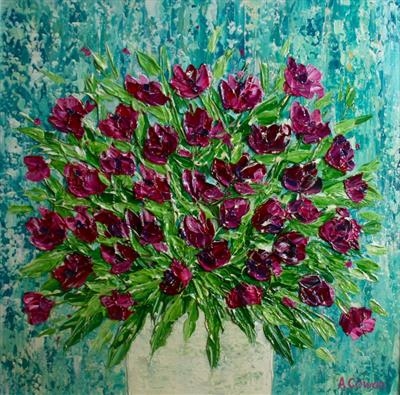 Cerise Blooms on Teal by Alison Cowan, Painting, Acrylic on canvas