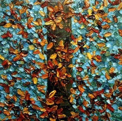 Copper Leaves on Teal by Alison Cowan, Painting, Acrylic on canvas