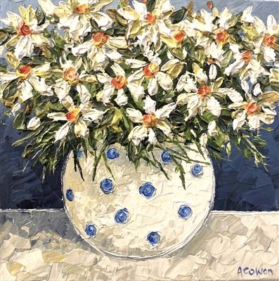 Crazy Daisies in a Spotted pot by Alison Cowan, Painting, Acrylic on canvas