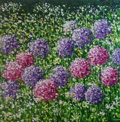 Daisies and Pom Poms by Alison Cowan, Painting, Acrylic on canvas