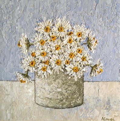 Daisies on Blue by Alison Cowan, Painting, Acrylic on canvas