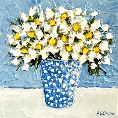 Daisies on Blue by Alison Cowan, Painting, Acrylic on canvas