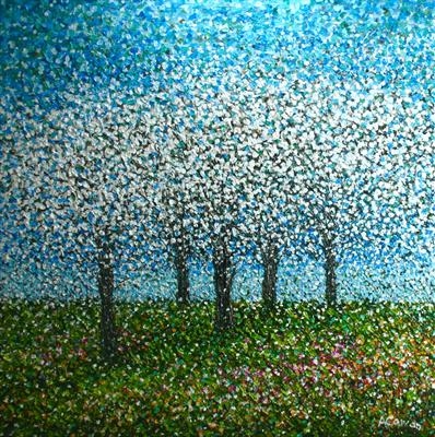 Five Blossom Trees by Alison Cowan, Painting, Acrylic on canvas