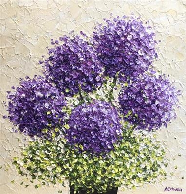 Five Purple Pom Poms by Alison Cowan, Painting, Acrylic on canvas