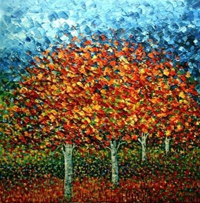 Four Fiery Trees by Alison Cowan, Painting, Acrylic on canvas