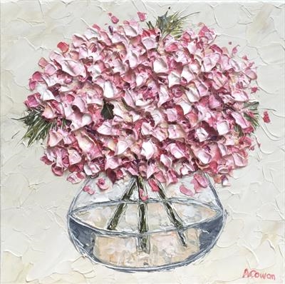 Glass Bowl with Hydrangeas by Alison Cowan, Painting, Acrylic on canvas