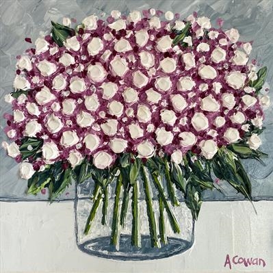 Glass jar with Hydrangeas by Alison Cowan, Painting, Acrylic on canvas