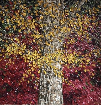 Golden Leaves with Red Beyond by Alison Cowan, Painting, Acrylic on canvas