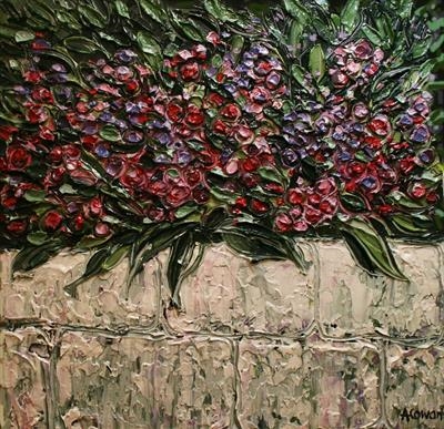 Hydrangeas Over the Garden Wall by Alison Cowan, Painting, Acrylic on canvas