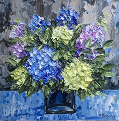 Hydrangeas in Blue Vase by Alison Cowan, Painting, Acrylic on canvas