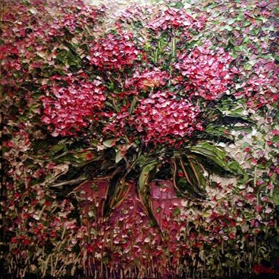 Hydrangeas in Pink Pot by Alison Cowan, Painting, Acrylic on canvas