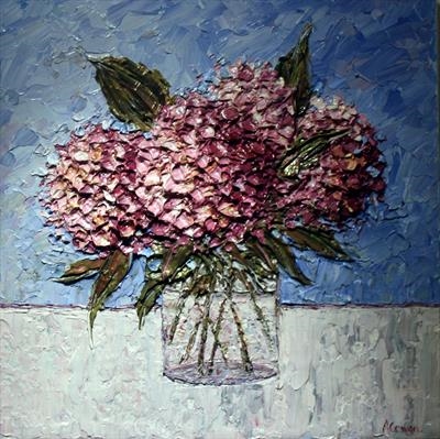 Hydrangeas on Blue by Alison Cowan, Painting, Acrylic on canvas