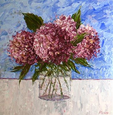 Hydrangeas on Blue by Alison Cowan, Painting, Acrylic on canvas