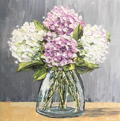 Hydrangeas on Grey by Alison Cowan, Painting, Acrylic on canvas