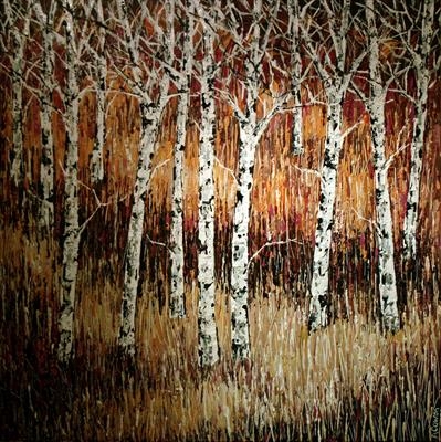 Moonlight Birch Trees by Alison Cowan, Painting, Acrylic on canvas