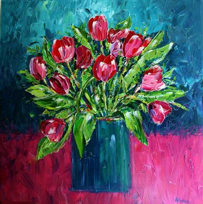 Pink Tulips by Alison Cowan, Painting, Acrylic on canvas