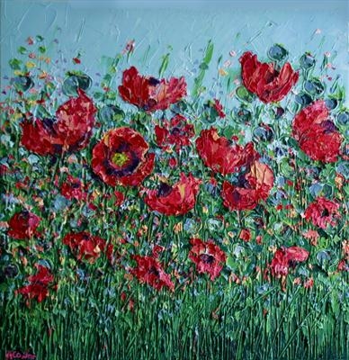 Poppy Seed Heads and Blooms by Alison Cowan, Painting, Acrylic on canvas