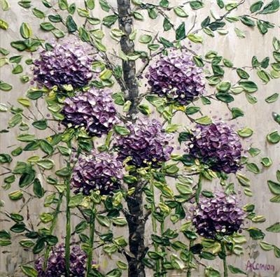 Purple Pom Poms with Sprigs by Alison Cowan, Painting, Acrylic on canvas