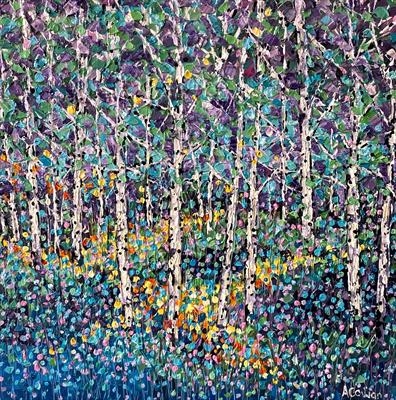 Rainbow Birch Woods by Alison Cowan, Painting, Acrylic on canvas