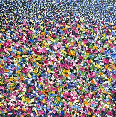 Rainbow Flower Field by Alison Cowan, Painting, Acrylic on canvas
