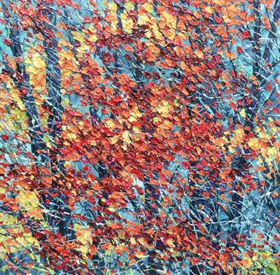 Red Leaves on Teal by Alison Cowan, Painting, Acrylic on canvas