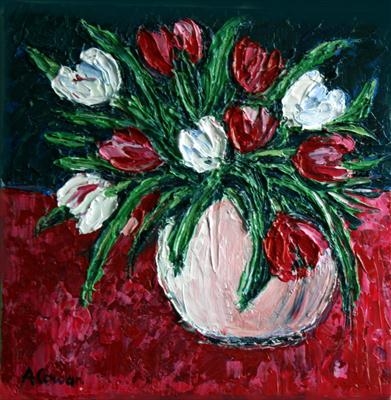 Red and White Tulips by Alison Cowan, Painting, Acrylic on canvas