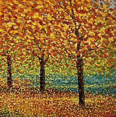 Riverside with Autumn Leaves by Alison Cowan, Painting, Acrylic on canvas
