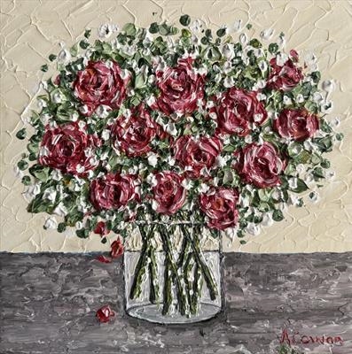 Roses with Gyp by Alison Cowan, Painting, Acrylic on canvas