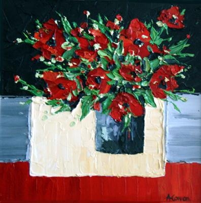 Ruby Red Roses on Cream Cloth by Alison Cowan, Painting, Acrylic on canvas