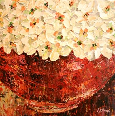 Rustic Bowl with Cream Blossom by Alison Cowan, Painting, Acrylic on canvas