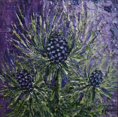 Sea Holly on Purple by Alison Cowan, Painting, Acrylic on canvas