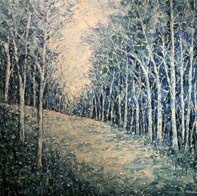 Silver Trees on Blue by Alison Cowan, Painting, Acrylic on canvas