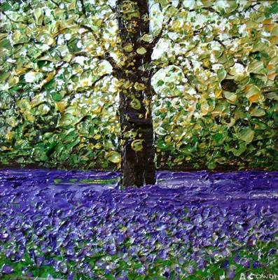 Single Tree in Lavender Field by Alison Cowan, Painting, Acrylic on canvas