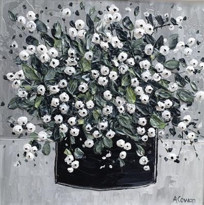 Snowberries in Black Pot by Alison Cowan, Painting, Acrylic on canvas