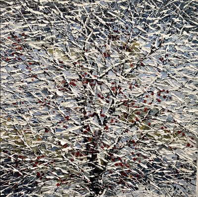 Snowy Winter Berries by Alison Cowan, Painting, Acrylic on canvas