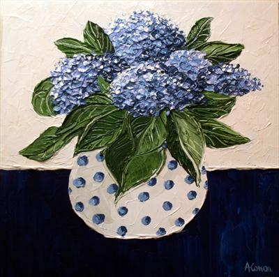 Spotted Pot with Blue Hydrangeas by Alison Cowan, Painting, Acrylic on canvas