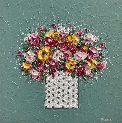 Spotty Pot with Blooms by Alison Cowan, Painting, Acrylic on canvas