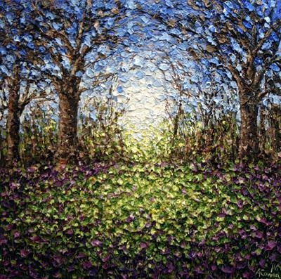 Sunshine Through Bluebell Wood by Alison Cowan, Painting, Acrylic on canvas