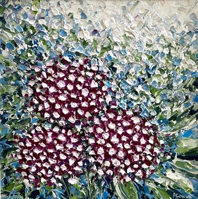 Textured Hydrangea Trio by Alison Cowan, Painting, Acrylic on canvas