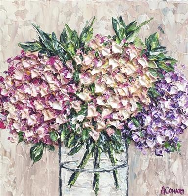 Three Hydrangeas by Alison Cowan, Painting, Acrylic on canvas